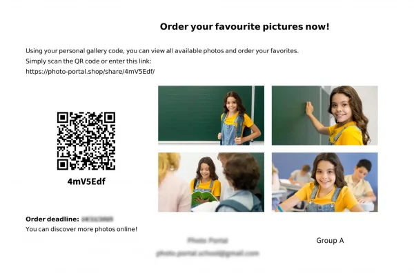 Coupon avec QR code permettant aux familles d’accéder à la galerie photo scolaire privée Studio 117