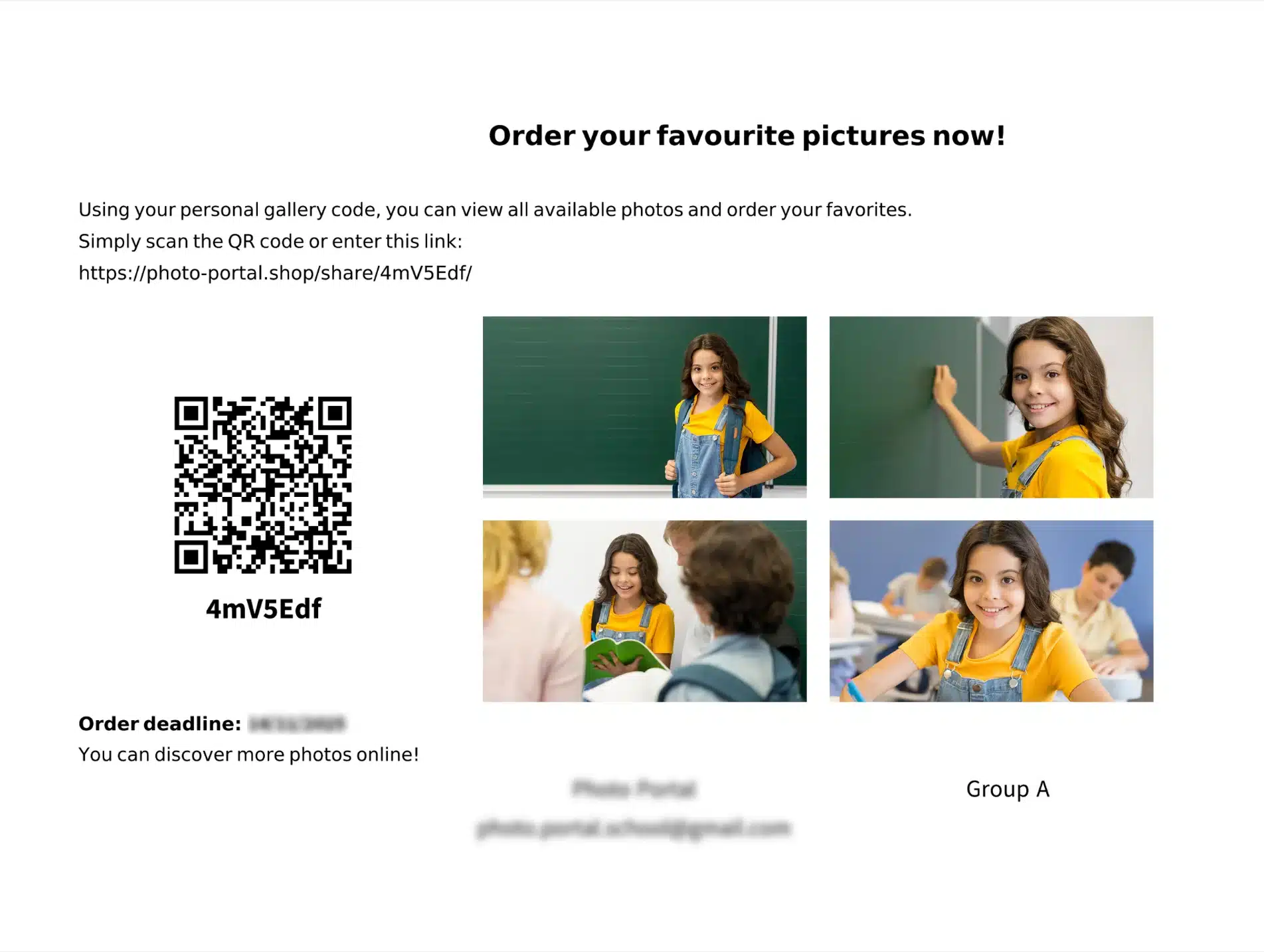 Coupon avec QR code permettant aux familles d’accéder à la galerie photo scolaire privée Studio 117